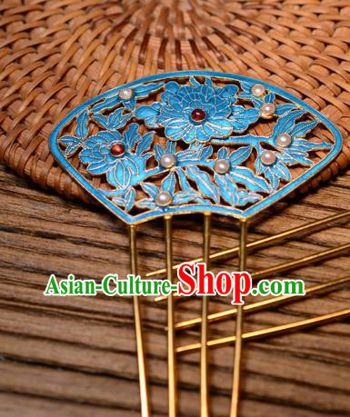 Chinese Traditional Qing Dynasty Garnet Pearls Hairpin Ancient Empress Cloisonne Peony Hair Comb