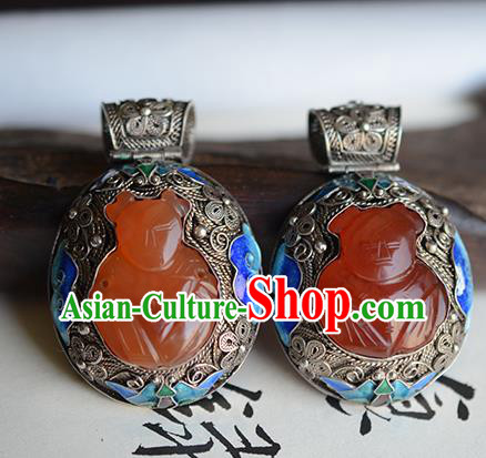 China Traditional Cloisonne Silver Necklet Jewelry Accessories National Agate Carving Friendlies Necklace Pendant