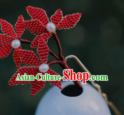 Chinese Traditional Handmade Hanfu Hairpin Ancient Princess Red Beads Maple Leaf Hair Stick