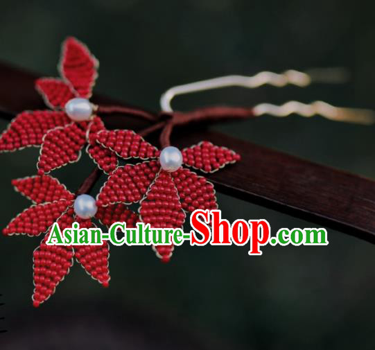 Chinese Traditional Handmade Hanfu Hairpin Ancient Princess Red Beads Maple Leaf Hair Stick
