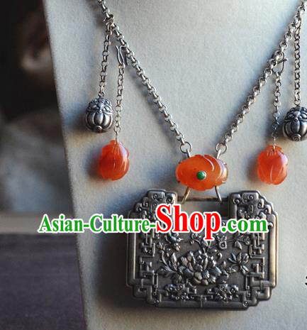 China Traditional Qing Dynasty Silver Carving Peony Necklet Jewelry Accessories National Agate Tassel Longevity Lock Pendant