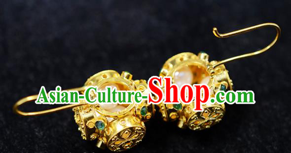 Chinese Ancient Court Princess Filigree Golden Ear Jewelry Traditional Qing Dynasty Pearls Earrings Accessories