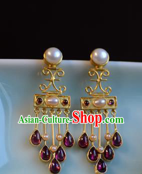 Chinese Ancient Court Pearls Golden Ear Jewelry Traditional Tang Dynasty Garnet Tassel Earrings Accessories