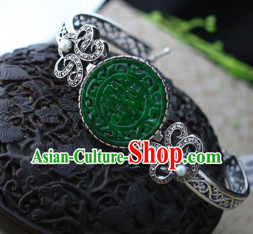 China Traditional Silver Bracelet Classical Cheongsam Jade Wristlet Bangle Jewelry Accessories