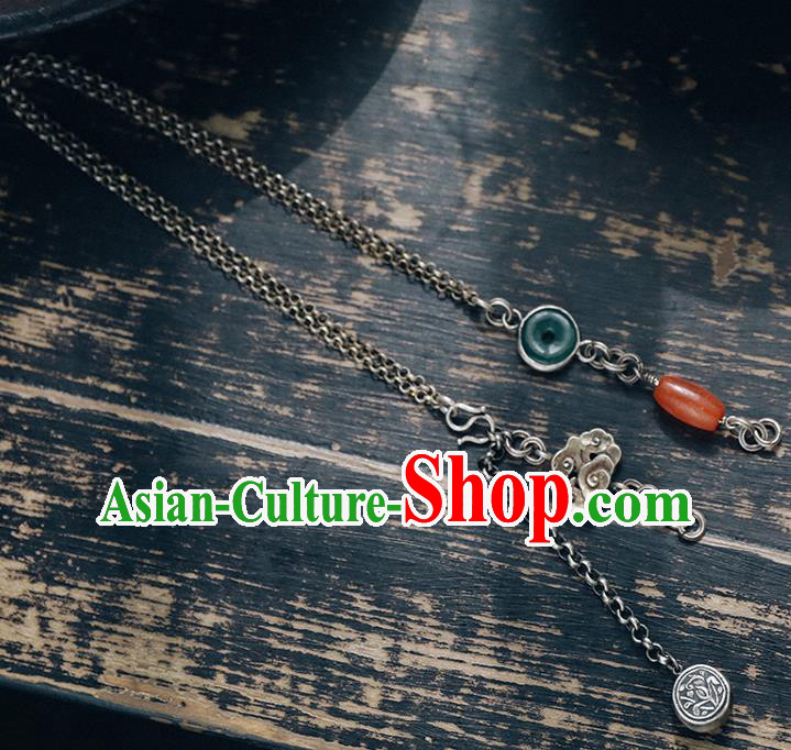 Chinese National Silver Necklace Agate Tassel Necklet Classical Cheongsam Accessories