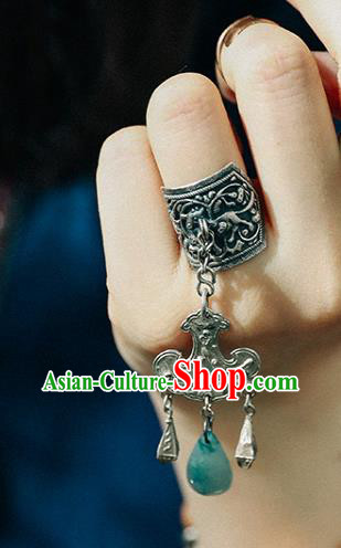 China Traditional Jewelry Accessories Jade Tassel Circlet Handmade Silver Carving Ring