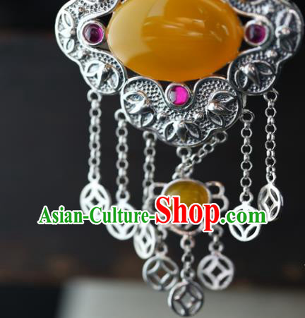 China Traditional Necklace Classical Cheongsam Silver Tassel Necklet Canary Stone Jewelry Accessories