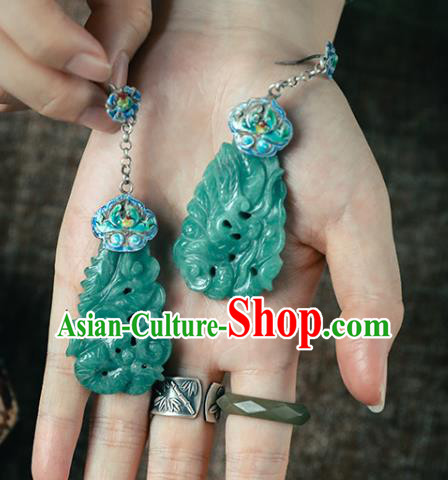 Handmade Chinese Classical Cheongsam Enamel Earrings Accessories Jade Carving Eardrop Traditional Ear Jewelry