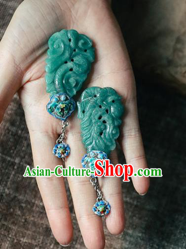 Handmade Chinese Classical Cheongsam Enamel Earrings Accessories Jade Carving Eardrop Traditional Ear Jewelry