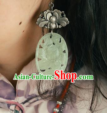 Handmade Chinese Silver Carving Peony Eardrop Traditional Ear Jewelry Classical Cheongsam Jade Earrings Accessories