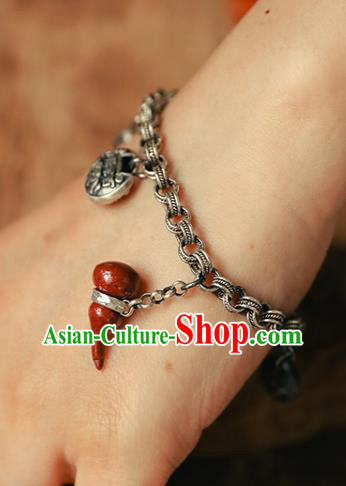 China Classical Wristlet Chain Jewelry Gourd Tassel Bangle Traditional Silver Bracelet Accessories