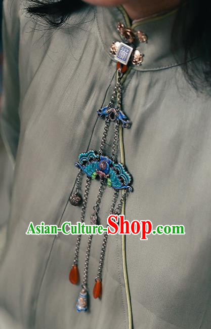 China Classical Cloisonne Breastpin Jewelry Traditional Cheongsam Collar Pendant Accessories Silver Bells Tassel Brooch