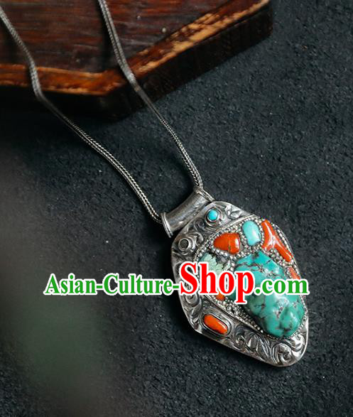Chinese Handmade Ethnic Necklet Accessories Classical Kallaite Jewelry National Silver Carving Necklace
