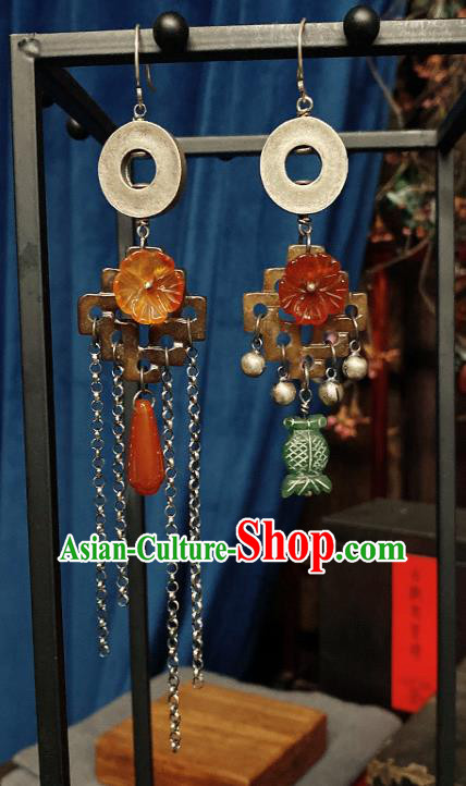 Handmade Chinese Wedding Eardrop Traditional Agate Ear Jewelry Classical Cheongsam Silver Earrings Accessories