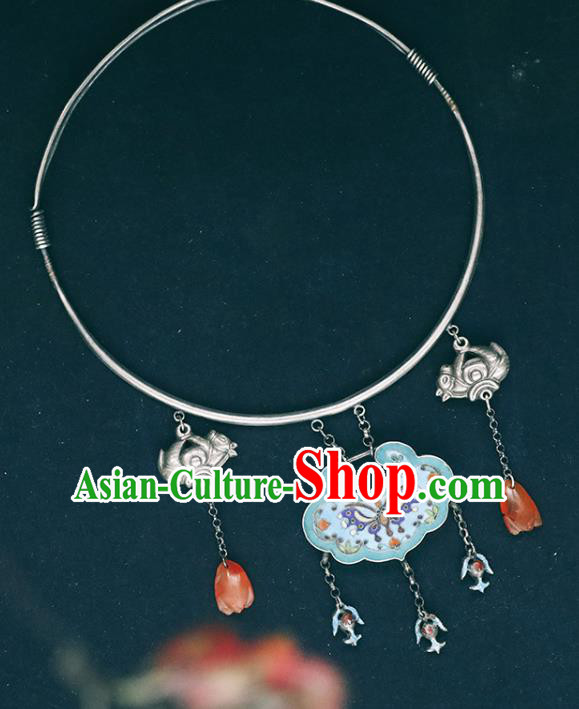 Chinese Classical Jewelry National Silver Carving Necklace Handmade Ethnic Blueing Butterfly Necklet Accessories