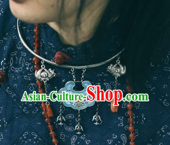 Chinese National Silver Carving Necklace Handmade Ethnic Enamel Lotus Necklet Accessories Classical Jewelry