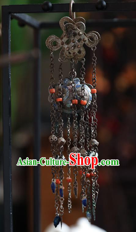 Handmade Chinese Traditional Blueing Ear Jewelry Classical Cheongsam Earrings Accessories Silver Tassel Eardrop