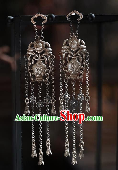 Handmade Chinese Traditional Tassel Ear Jewelry Classical Cheongsam Earrings Accessories Silver Flowers Vase Eardrop