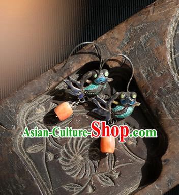 Handmade Chinese Traditional Blueing Fish Ear Jewelry Classical Cheongsam Earrings Accessories Agate Eardrop