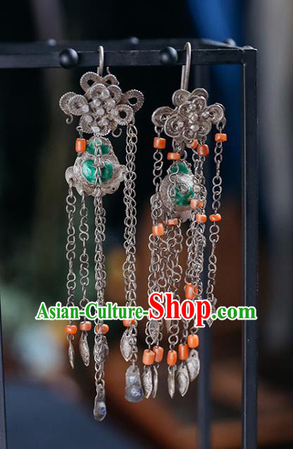 Handmade Chinese Traditional Enamel Gourd Ear Jewelry Classical Cheongsam Earrings Accessories Agate Tassel Silver Eardrop