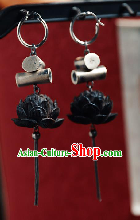 Handmade Chinese Classical Cheongsam Ebony Carving Lotus Earrings Accessories Traditional Ear Jewelry Silver Eardrop