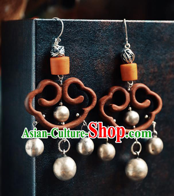 Handmade Chinese Wood Eardrop Accessories Traditional Ear Jewelry Classical Cheongsam Silver Bells Tassel Earrings