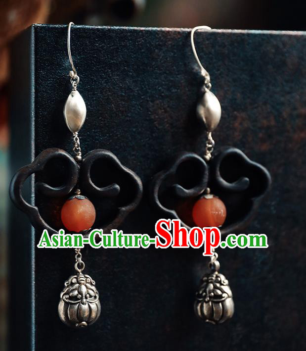 Handmade Chinese Ebony Eardrop Accessories Classical Cheongsam Silver Earrings Traditional Ear Jewelry