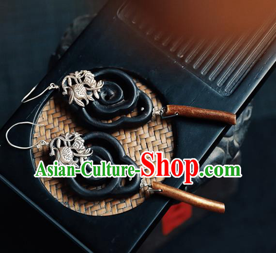Handmade Chinese Classical Cheongsam Silver Earrings Traditional Ear Jewelry Ebony Eardrop Accessories