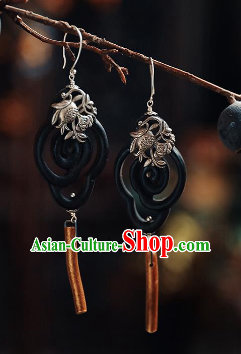 Handmade Chinese Classical Cheongsam Silver Earrings Traditional Ear Jewelry Ebony Eardrop Accessories