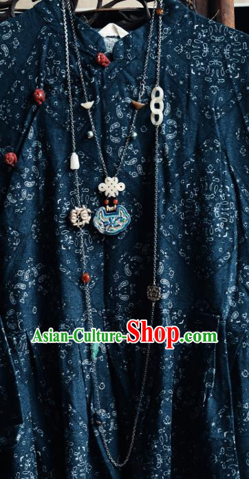 Chinese National Blueing Orchid Necklace Handmade Ethnic Silver Necklet Accessories Classical Jade Jewelry
