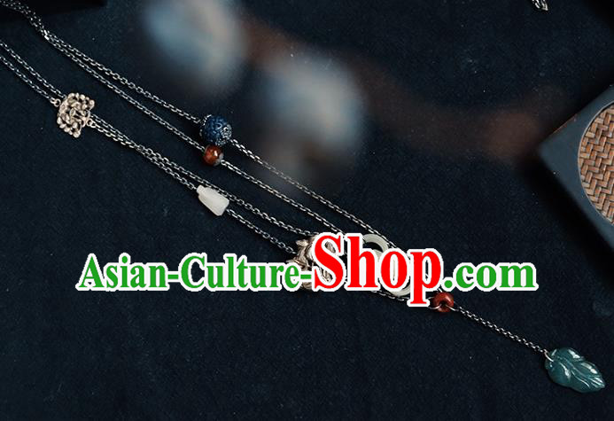 Chinese National Jade Leaf Tassel Necklace Classical Jewelry Handmade Ethnic Silver Necklet Accessories