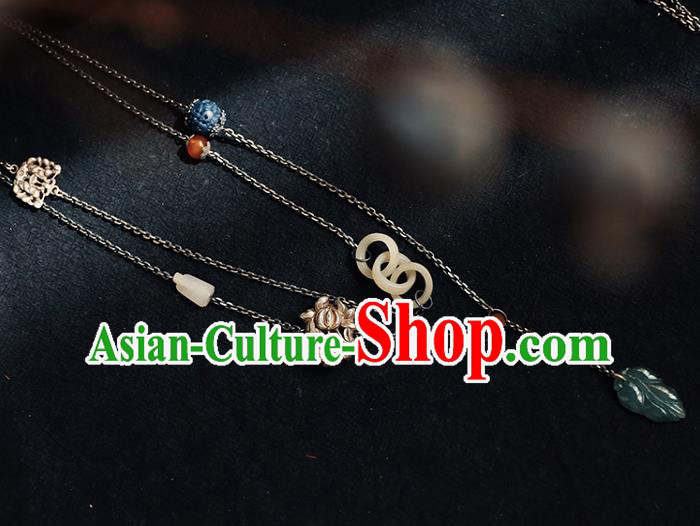 Chinese National Jade Leaf Tassel Necklace Classical Jewelry Handmade Ethnic Silver Necklet Accessories