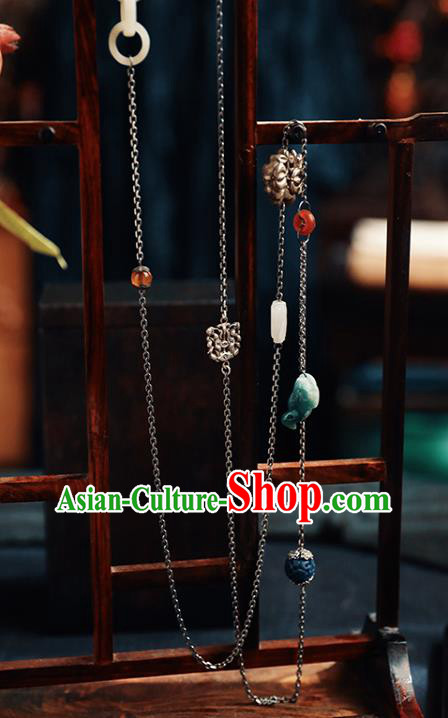 Chinese National Jade Necklace Classical Cheongsam Jewelry Handmade Ethnic Silver Tassel Necklet Accessories