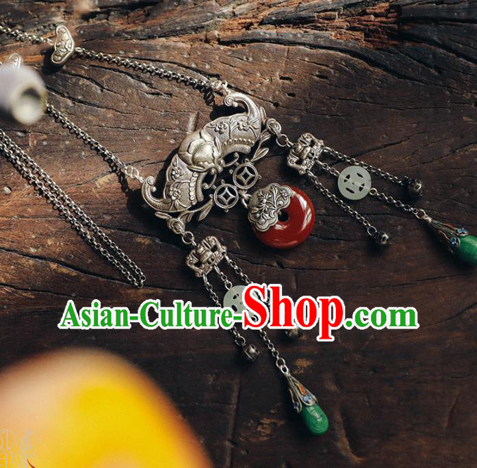 Chinese National Jade Tassel Necklace Classical Cheongsam Jewelry Longevity Lock Accessories Handmade Ethnic Silver Bat Necklet