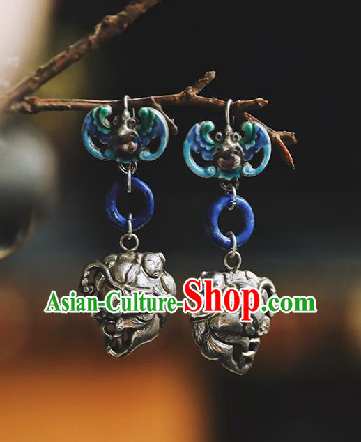 Handmade Chinese Traditional Silver Boys Ear Jewelry Classical Cheongsam Lapis Earrings Accessories Blueing Bat Eardrop