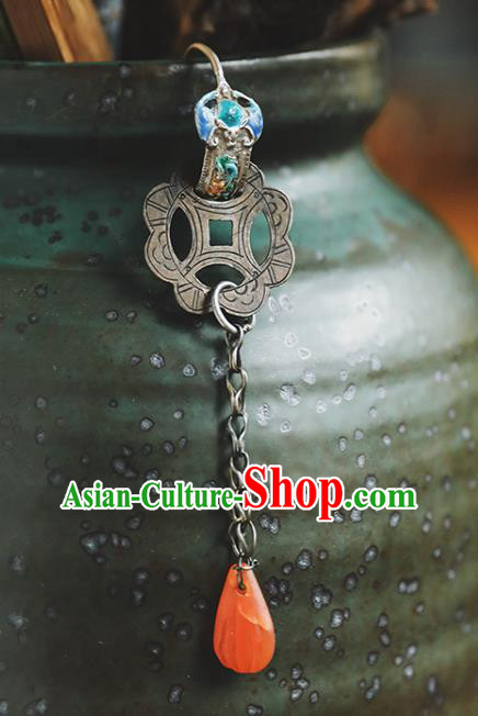 Handmade Chinese Traditional Agate Tassel Ear Jewelry Classical Cheongsam Blueing Earrings Accessories Silver Eardrop