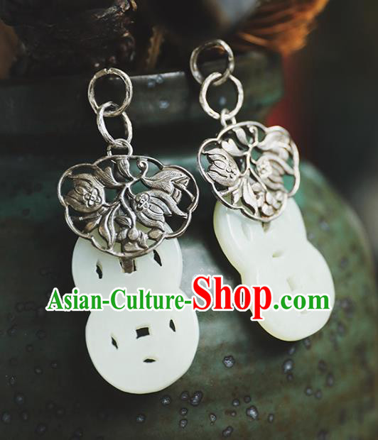 Handmade Chinese Traditional White Jade Ear Jewelry Eardrop Classical Cheongsam Silver Carving Earrings Accessories