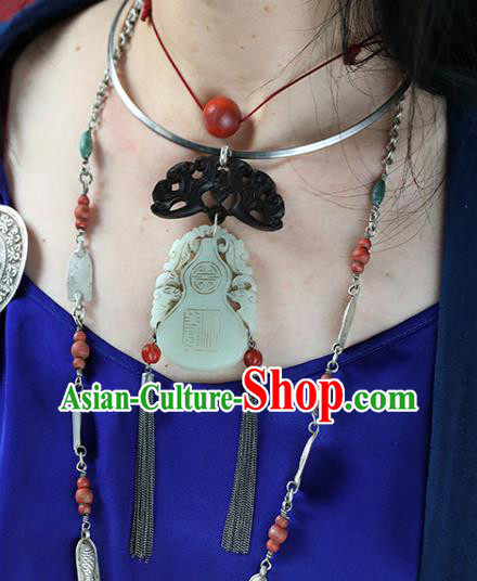 Chinese National Silver Necklace Handmade Ethnic Jade Carving Gourd Necklet Accessories Classical Jewelry
