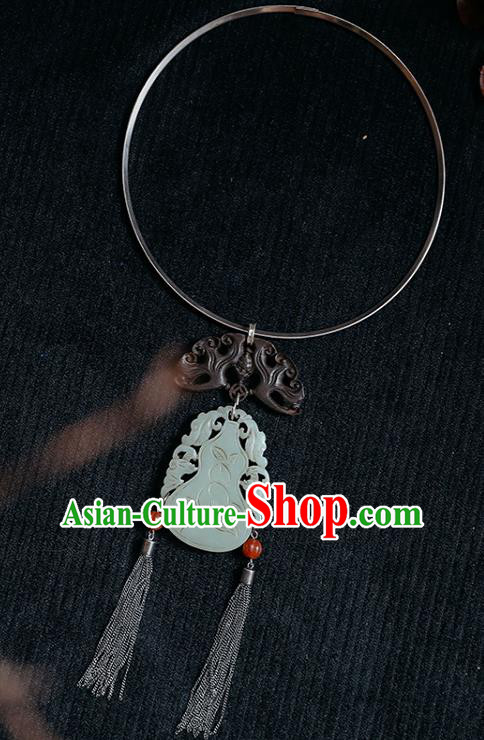 Chinese National Silver Necklace Handmade Ethnic Jade Carving Gourd Necklet Accessories Classical Jewelry