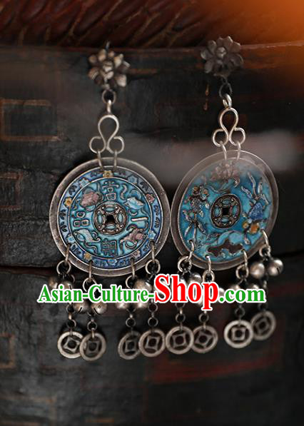 Handmade Chinese Wedding Blueing Eardrop Classical Cheongsam Silver Earrings Accessories Traditional Bells Tassel Ear Jewelry