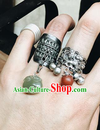 China National Jade Pouch Ring Traditional Handmade Wedding Jewelry Accessories Silver Circlet