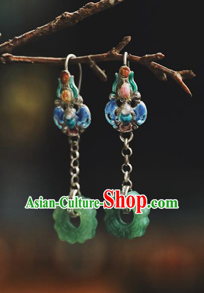 Handmade Chinese Blueing Bat Eardrop Classical Cheongsam Earrings Accessories Traditional Jade Ring Ear Jewelry