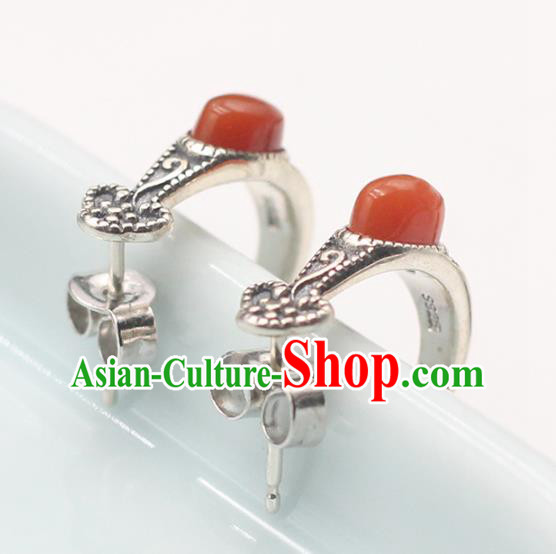 Handmade Chinese Agate Ear Jewelry Traditional Silver Eardrop Classical Earrings Accessories