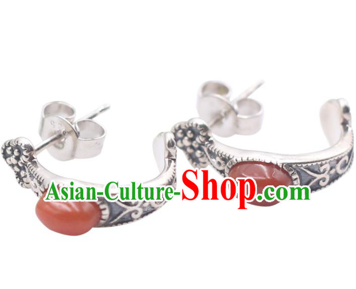 Handmade Chinese Agate Ear Jewelry Traditional Silver Eardrop Classical Earrings Accessories