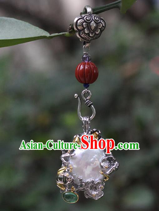 Chinese Classical Silver Lotus Brooch Handmade National Pearl Breastpin Pendant Cheongsam Jewelry Accessories