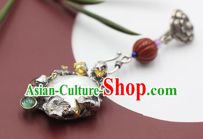 Chinese Classical Silver Lotus Brooch Handmade National Pearl Breastpin Pendant Cheongsam Jewelry Accessories