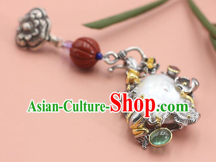 Chinese Classical Silver Lotus Brooch Handmade National Pearl Breastpin Pendant Cheongsam Jewelry Accessories