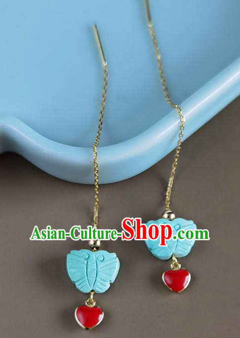 Handmade Chinese Traditional Kallaite Butterfly Eardrop Classical Earrings Accessories Cheongsam Ear Jewelry
