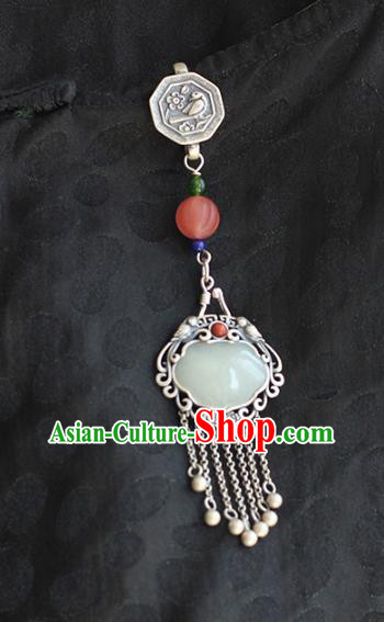 Chinese Handmade National Tassel Breastpin Pendant Cheongsam Silver Jewelry Accessories Classical Jade Lock Brooch