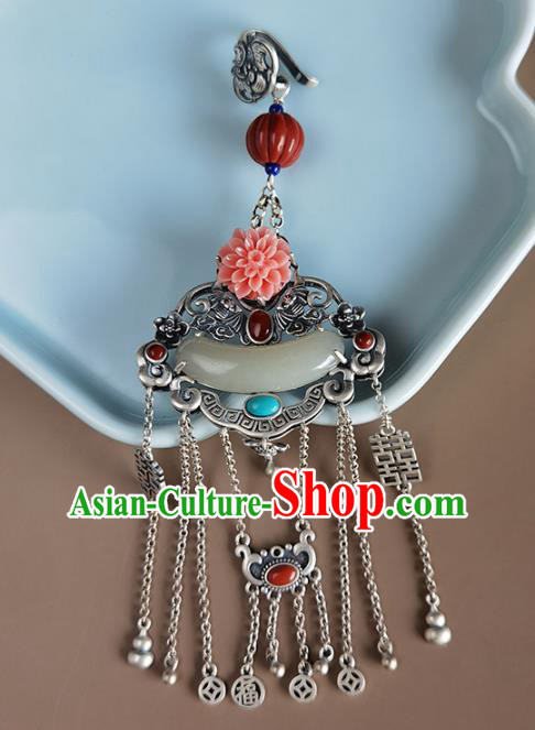 Chinese Handmade National Silver Tassel Breastpin Pendant Cheongsam Jewelry Accessories Classical Jade Brooch